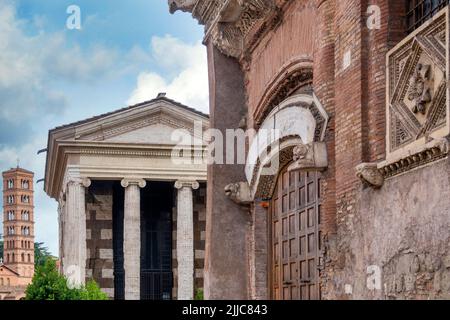 Casa dei Crescenzi, Temple of Portunus and the belltwer of Santa Maria in Cosmedin in the Forum Boarium, Rome, Italy Stock Photo
