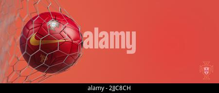 Guilherand-Granges, France - July 25, 2022. National football team of Portugal. Soccer ball in net with official logo of the Portuguese Football Feder Stock Photo