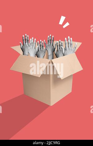 Vertical collage picture of human hands black white gamma stick carton box isolated on painted background Stock Photo