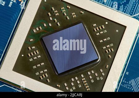 Close-up of computer chip on a part of Computer graphics card Stock Photo
