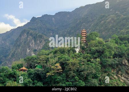 Beautiful scenic of the pagoda in the mountain. (Tianfeng, Tianxiang,Taroko, Hualien, Taiwan. Stock Photo