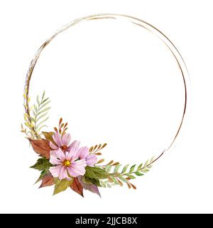 Watercolor circle frame arrangement with hand drawn autumn flowers, branches and leaves. Isolated on white background. Design for invitations, wedding Stock Photo