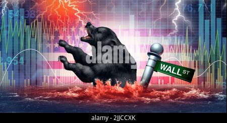 Wall Street Bear market crisis and economic collapse or financial disaster and business credit problem symbol as a stock market decline concept. Stock Photo