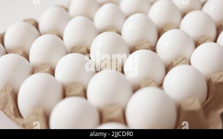 Close Up of raw chicken eggs in paper egg tray. Group of Fresh white Eggs in a cardboard cassette. Organic food from nature good for health Stock Photo