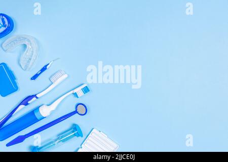 set for thorough cleaning of the oral cavity. Equipment for cleaning braces and plaque from teeth. Necessary tools for brushing teeth. Stock Photo