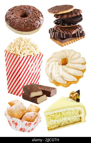 Trans fats in cake, cookies, popcorn and chocolate isolated on white background Stock Photo