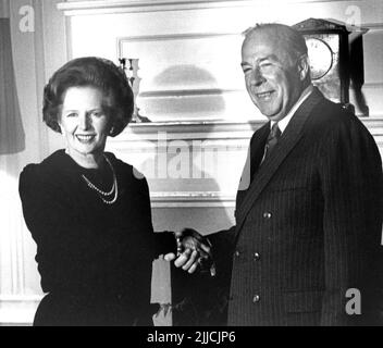 British Prime Minister Margaret Thatcher welcomes United States Secretary of State George  Shultz to 10 Downing Street, London, on January 15, 1984. Credit: Rob Taggart/Alamy Stock Photo