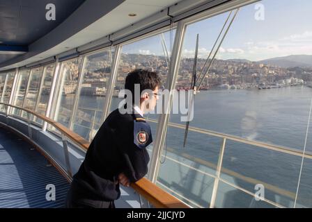 Genoa (Italy), Academy of the Merchant Navy, advanced specialization school for the professions of the sea; educational visit on a cruising ship in Genoa harbor Stock Photo