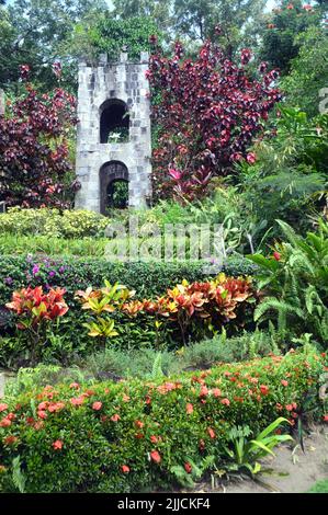 Ruins of the Stone Bell Tower at Old Road Rum Co Sugar Plantation at Wingfield Estate now a Tourist Attraction on St Kitts & Nevis, Caribbean island, Stock Photo