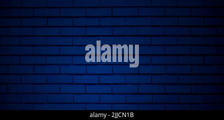 Brick wall with dark blue color and spotlight on surface as background, long picture Stock Photo