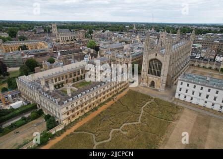 King's College Chapel Cambridge City centre UK drone aerial view heatwave summer 2022 Stock Photo
