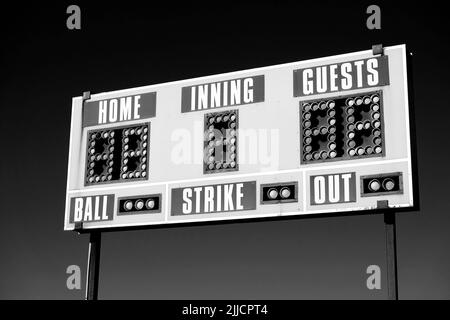 Baseball scoreboard with details of score ball strike innings black and white Stock Photo