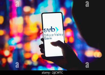 In this photo illustration, the Silicon Valley Bank (SVB) logo is displayed on a smartphone screen. Stock Photo