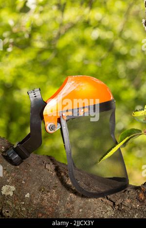 Safety Mesh visor face shield Industrial Protective Face Mask lies on a tree Stock Photo