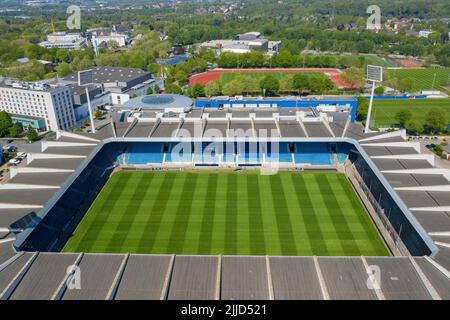 Bochum, Deutschland. 27th Apr, 2020. firo : April 27th, 2020, football, 2nd Bundesliga, season 2019/2020, VfL Bochum 1848, suspension of matchdays until at least the beginning of May 2020, due to Corona, coronavirus, Covid-19, VONOVIA RUHRSTADION, from above, aerial view, drone, drone photo, empty stadium, pitch checkerboard, north stand, Credit: dpa/Alamy Live News Stock Photo