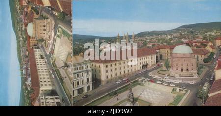 Szechenyi Square. Aerial photo of the Széchenyi Square of Pécs. The Local History Collection of Csorba Gyz Könyvtár Library has been collecting photos and postcards related to Baranya County since January 1966. According to the data updated on 1st February 2016, the collection consists of 11,565 copies. As the result of the digitisation project that started in 2012, the Collection includes about 59,000 black-and-white and coloured records of different sizes and types, which are searchable through the electronic catalogue. The famous postcard collector Tibor Endre Tóth has procured a postcard-c Stock Photo