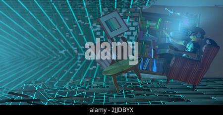 Young man seen from the side wearing virtual reality glasses with blue light jumping on an old armchair that floats in his room that disintegrates wit Stock Photo