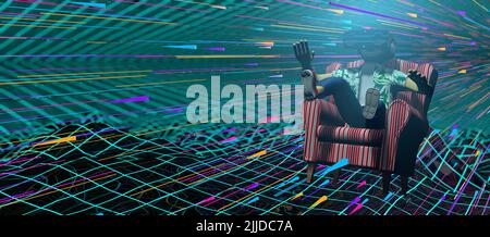 Young man seen from the front wearing virtual reality glasses with blue light jumping on an old armchair flying at high speed in a virtual space forme Stock Photo