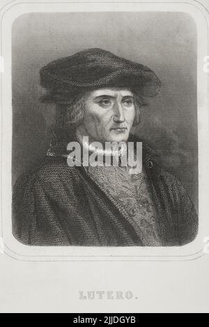 Martin Luther (1483-1546). German theologian and Augustinian friar. Portrait. Engraving by Geoffroy. Historia Universal, by César Cantú. Volume V. 1856. Stock Photo