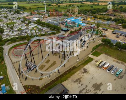 A Unique View from the Air of Sik  the brand new 10 Looping Roller coaster and all the other rides at  Flamingo Land aerial birds eye view rollercoast Stock Photo