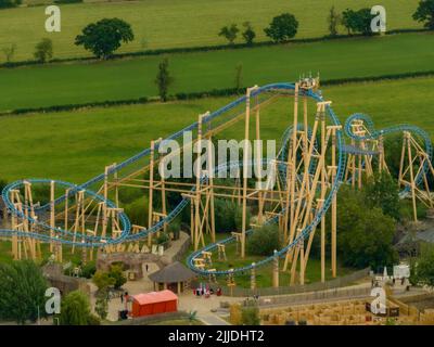 A Unique View from the Air of Sik  the brand new 10 Looping Roller coaster and all the other rides at  Flamingo Land aerial birds eye view rollercoast Stock Photo