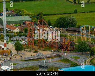 A Unique View from the Air of Sik  the brand new 10 Looping Roller coaster and all the other rides at  Flamingo Land aerial birds eye view rollercoast Stock Photo