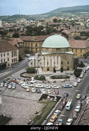 Szechenyi Square. Csaba Gabler's aerial photo of the Széchenyi Square of Pécs. The Local History Collection of Csorba Gyz Könyvtár Library has been collecting photos and postcards related to Baranya County since January 1966. According to the data updated on 1st February 2016, the collection consists of 11,565 copies. As the result of the digitisation project that started in 2012, the Collection includes about 59,000 black-and-white and coloured records of different sizes and types, which are searchable through the electronic catalogue. The famous postcard collector Tibor Endre Tóth has procur Stock Photo