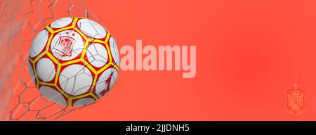 Guilherand-Granges, France - July 25, 2022. National football team of Spain. Soccer ball in net with official logo of the Spain national football team Stock Photo