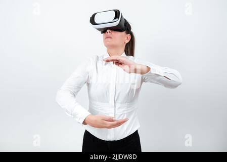 Woman Wearing Vr Glasses And Presenting Important Messages Between Hands. Stock Photo