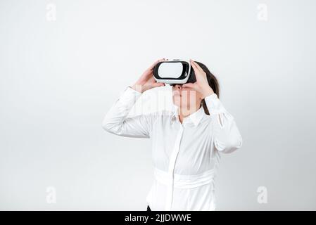 Standing Woman Wearing Vr Glasses Presenting Important Messages. Stock Photo