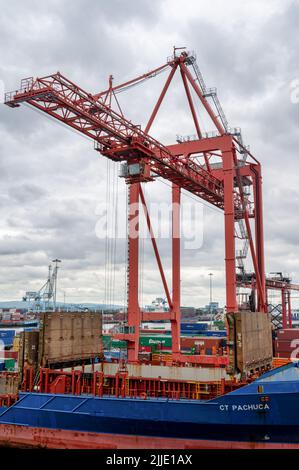 Dublin, Ireland- July 7, 2022: A shipping container crane in Dublin Port Stock Photo