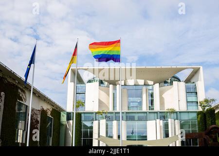 Berlin, Germany. 23rd July, 2022. The rainbow flag flew in front of the Federal Chancellery on the occasion of the Christopher Street Day (CSD) in Berlin. Credit: Christoph Soeder/dpa/Alamy Live News Stock Photo