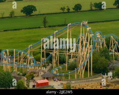 A Unique View from the Air of Sik  the brand new 10 Looping Roller coaster and all the other rides at  Flamingo Land aerial birds eye view rollercoast Stock Photo