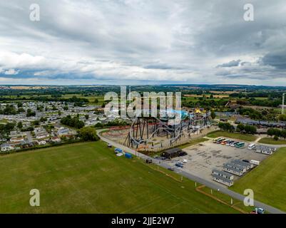 A Unique View from the Air of Sik  the brand new 10 Looping Roller coaster and all the other rides at  Flamingo Land aerial birds eye view rollercoast Stock Photo