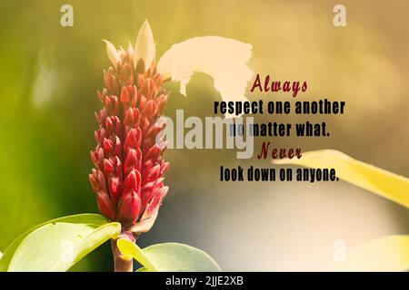 Motivational quote with fresh nature and blurred green leaf background - Always respect one another no matter what, never look down on anyone. Stock Photo