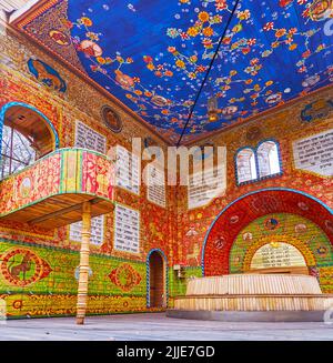 KYIV, UKRAINE - OCT 17, 2021: The colored patterns and inscriptions with Jewish prays in wooden building of Symbolic Synagogue, located in Babyn Yar H Stock Photo