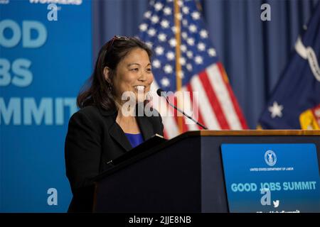 Washington, United States of America. 21 June, 2022. U.S Deputy Secretary of Labor Julie Su delivers remarks during the Good Jobs Summit at the US Department of Labor Headquarters, June 21, 2022 in Washington, D.C.  Credit: Alyson Fligg/Dept of Labor/Alamy Live News Stock Photo