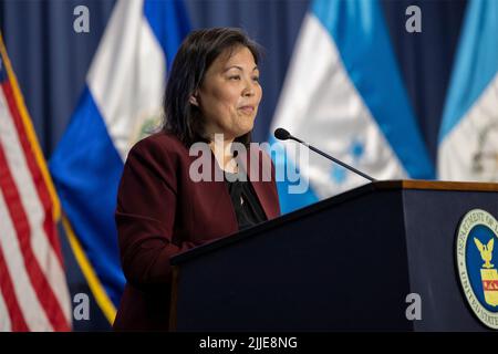 Washington, United States of America. 10 May, 2022. U.S Deputy Secretary of Labor Julie Su delivers remarks at the signing ceremony for the Consular Partnership Program at the US Department of Labor Headquarters, May 10, 2022 in Washington, D.C. The CPP provides protections for migrant workers in the United States.  Credit: Alyson Fligg/Dept of Labor/Alamy Live News Stock Photo