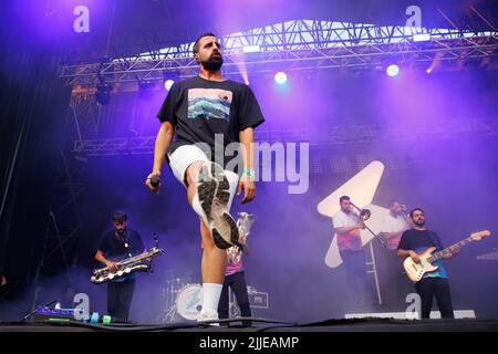 BARCELONA - JUL 17: La Fumiga (band) perform in concert at Share Festival on July 17, 2022 in Barcelona, Spain. Stock Photo