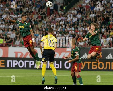 Fonbet - Russian Football Cup 2022/23. Match between the teams Spartak ( Moscow) - Lokomotiv (Moscow) at the stadium Opening Arena. From left to  right: Spartak team players Quincy Promes, Mikhail Ignatov and