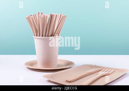 Eco friendly disposable tableware. Paper plates, cups, straws and wooden cutlery. Zero waste, plastic free items. Sustainable lifestyle concept. Copy Stock Photo