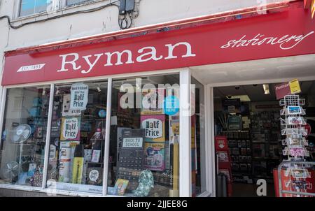 Penzance, United Kingdom - July 19 2022 -  The frontage of Ryman Stationary store In Market Jew Street Stock Photo