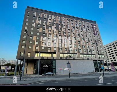 London, United Kingdom - 24 March 2022:  The frontage of The Premier Inn Hotel Gatwick Airport on Northway Stock Photo