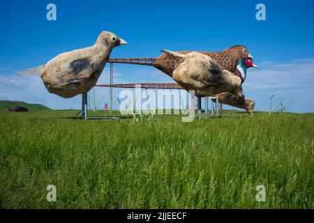 Regent, ND, USA - Jun 19, 2022: Pheasants on the Prairie is 1 of 8 scrap metal sculptures constructed along the 32-mile Enchanted Highway. The collect Stock Photo