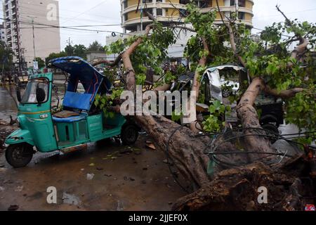 Karachi, Pakistan. 25th July, 2022. Auto rickshaws are seen damaged by fallen trees after heavy rain in southern Pakistani port city of Karachi, on July 25, 2022. Around 310 people have been killed and 295 others injured in separate rain-related incidents in Pakistan since June 14 as heavy downpours continued to lash the country, the National Disaster Management Authority (NDMA) said. Credit: Str/Xinhua/Alamy Live News Stock Photo