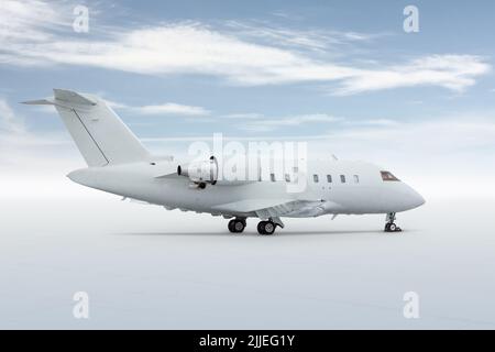 Modern white private jet isolated on light background with sky Stock Photo