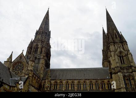 EDINBURGH, SCOTLAND - 12 JULY 2022: All three spires of o St Mary's Episcopal Cathedral, or the Church of St Mary the Virgin. Stock Photo