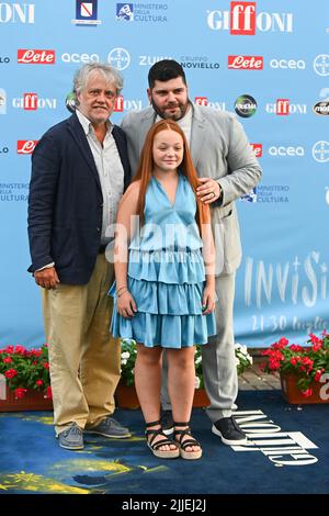 GIFFONI VALLE PIANA, ITALY - JULY 25: Andrea Porporati, Fabiana Martucci and Salvatore Esposito attend the photocall at the Giffoni Film Festival 2022 Stock Photo