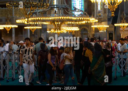 Istanbul, Turkey - June 18 2022: Interior of the Hagia Sophia. The Grand Mosque and formerly the Church is a popular destination among pilgrims and to