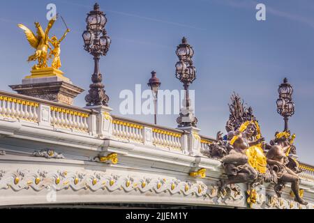 Close-up of Alexander III bridge ornaments at sunny day, Paris, France Stock Photo